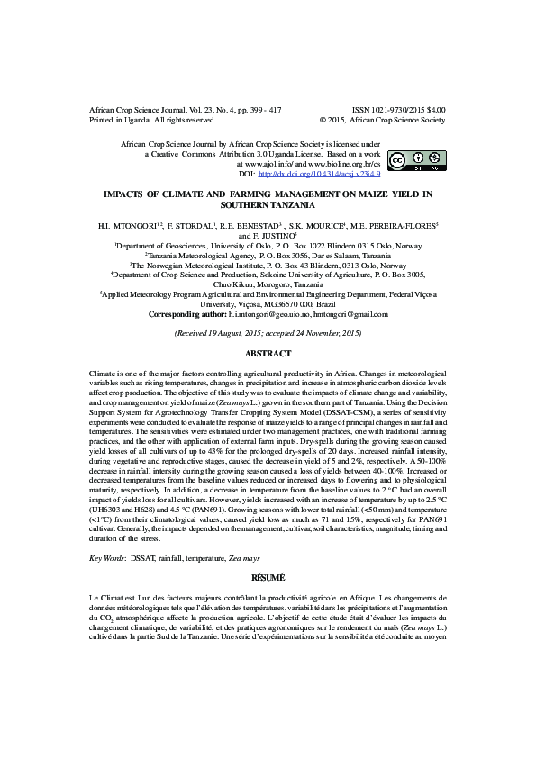 (PDF) Impacts of climate and farming management on maize yield in ...