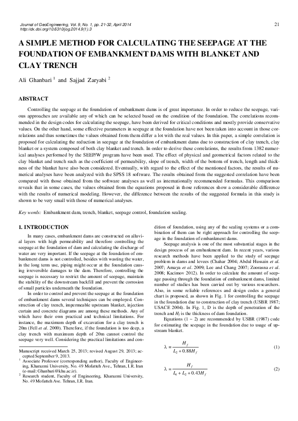 (PDF) A Simple Method for Calculating the Seepage at the Foundation of ...