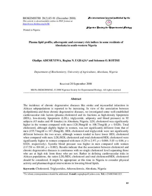 (PDF) Plasma lipid profile, atherogenic and coronary risk indices in ...
