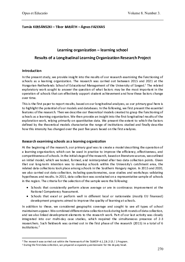 (PDF) Learning organization – learning school Results of a Longitudinal ...