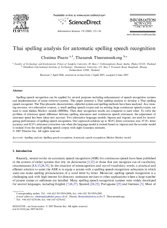 (PDF) Thai spelling analysis for automatic spelling speech recognition
