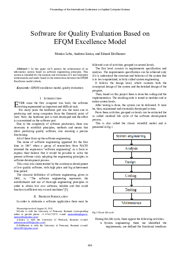 (PDF) Software for Quality Evaluation Based on EFQM Excellence Model