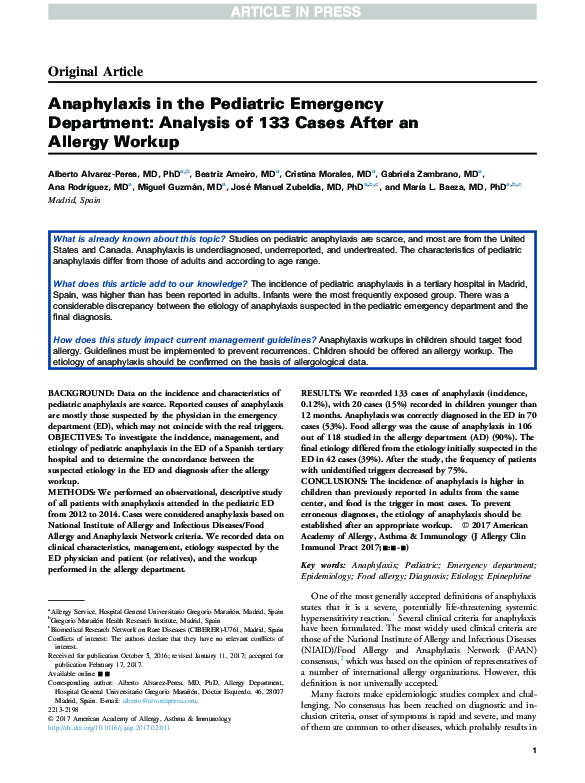 (PDF) Anaphylaxis in the Pediatric Emergency Department: Analysis of ...