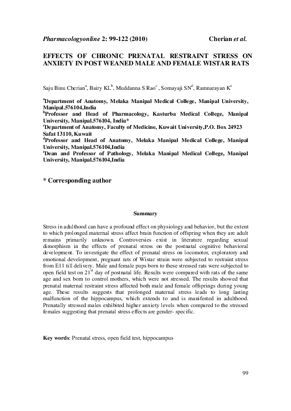(PDF) Effects of Chronic Prenatal Restraint Stress on Anxiety in Post ...