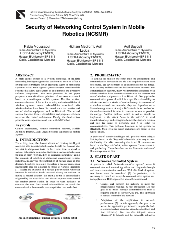 (PDF) Security of Networking Control System in Mobile Robotics (NCSMR)