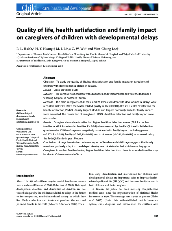 (PDF) Quality of life, health satisfaction and family impact on ...