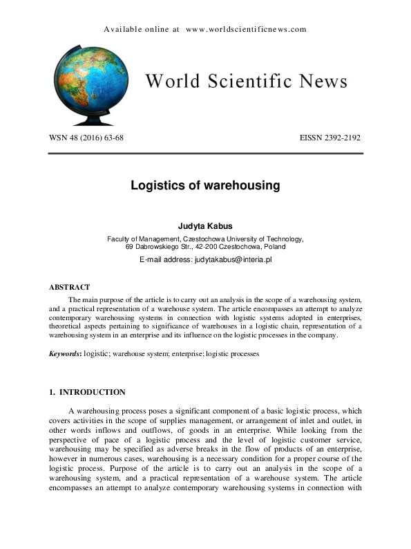 (PDF) Logistics of warehousing