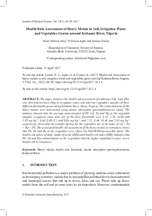 (PDF) Health Risk Assessment of Heavy Metals in Soil, Irrigation Water ...