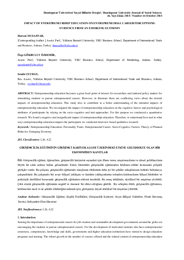 (PDF) Impact of Entrepreneurship Education on Entrepreneurial Career ...