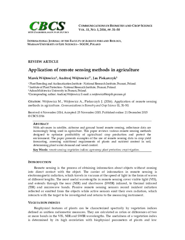 (PDF) Application Of Remote Sensing Methods In Agriculture