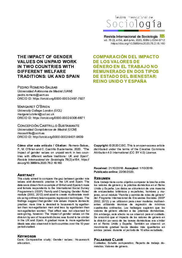 (PDF) The impact of gender values on unpaid work in two countries with ...