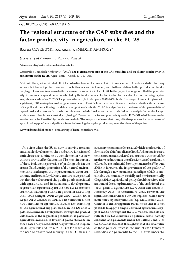 (PDF) The regional structure of the CAP subsidies and the factor ...