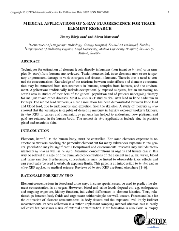 (PDF) Medical applications of Xray fluorescence for trace element research Sören Mattsson