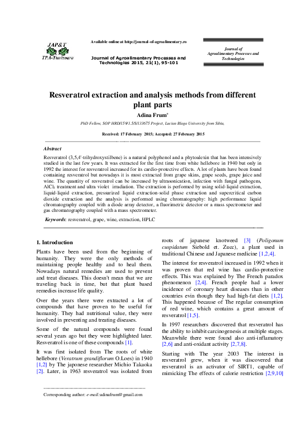 (PDF) Resveratrol extraction and analysis methods from different plant