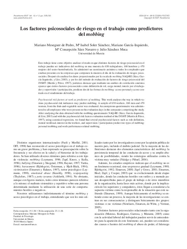  PDF Los Factores Psicosociales De Riesgo En El Trabajo Como 