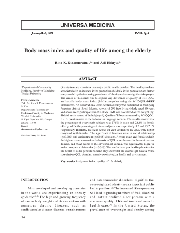 (PDF) Body mass index and quality of life among the elderly