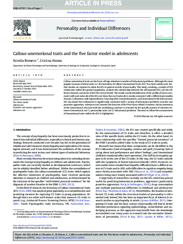 Pdf Callous Unemotional Traits And The Five Factor Model In Adolescents