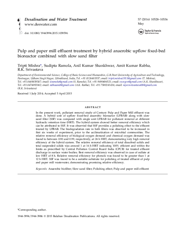 (PDF) Pulp and paper mill effluent treatment by hybrid anaerobic upflow ...