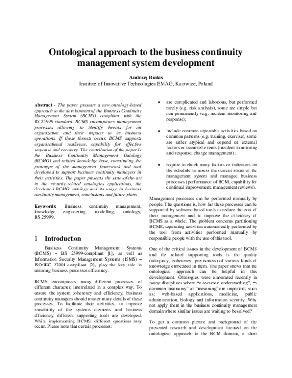 (PDF) Ontological Approach to the Business Continuity Management System ...