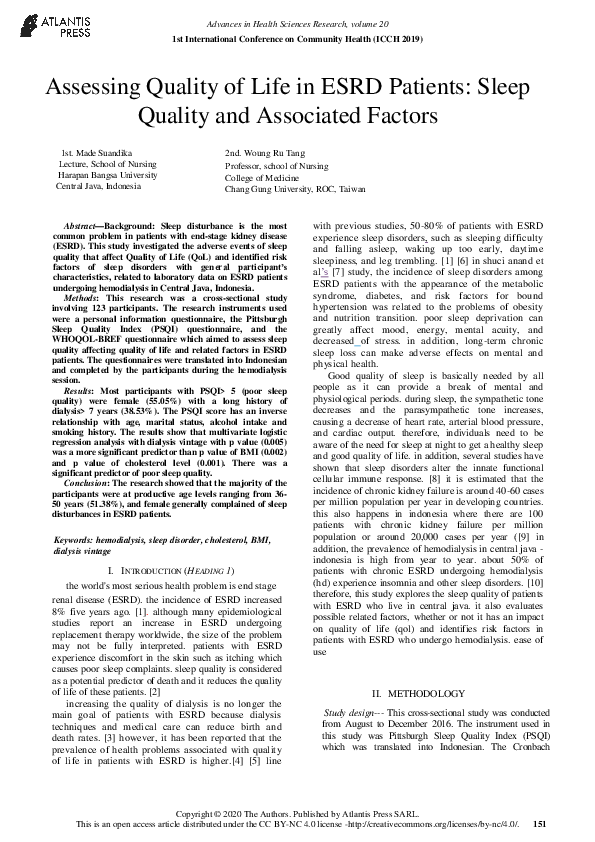 (PDF) Assessing Quality of Life in ESRD Patients: Sleep Quality and ...