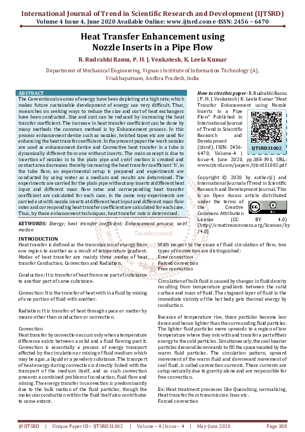 (PDF) Heat Transfer Enhancement using Nozzle Inserts in a Pipe Flow