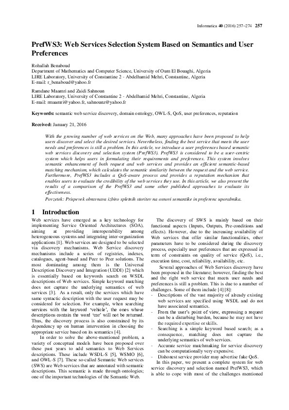 (PDF) PrefWS3: Web services selection system based on semantics and ...
