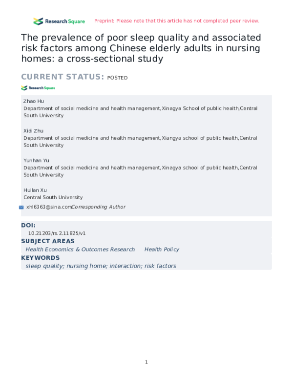 (PDF) The prevalence of poor sleep quality and associated risk factors ...