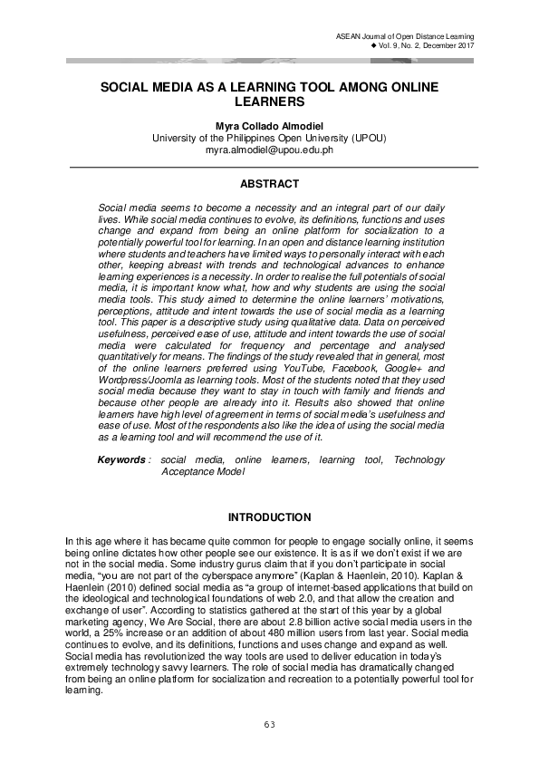 (PDF) SOCIAL MEDIA AS A LEARNING TOOL AMONG ONLINE LEARNERS