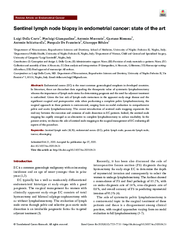 (PDF) Sentinel lymph node biopsy in endometrial cancer: state of the art