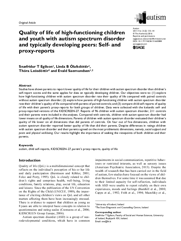 (PDF) Quality of life of high-functioning children and youth with ...