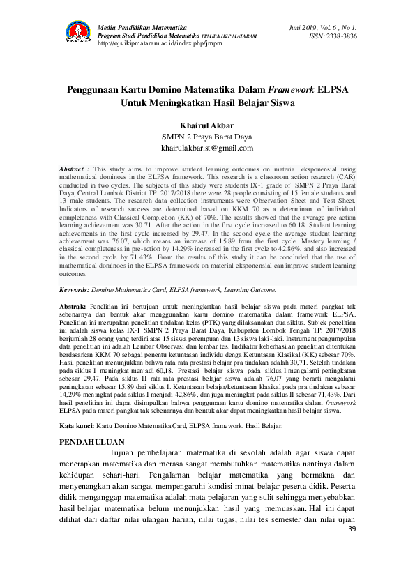 (PDF) Penggunaan Kartu Domino Matematika Dalam Framework Elpsa Untuk ...