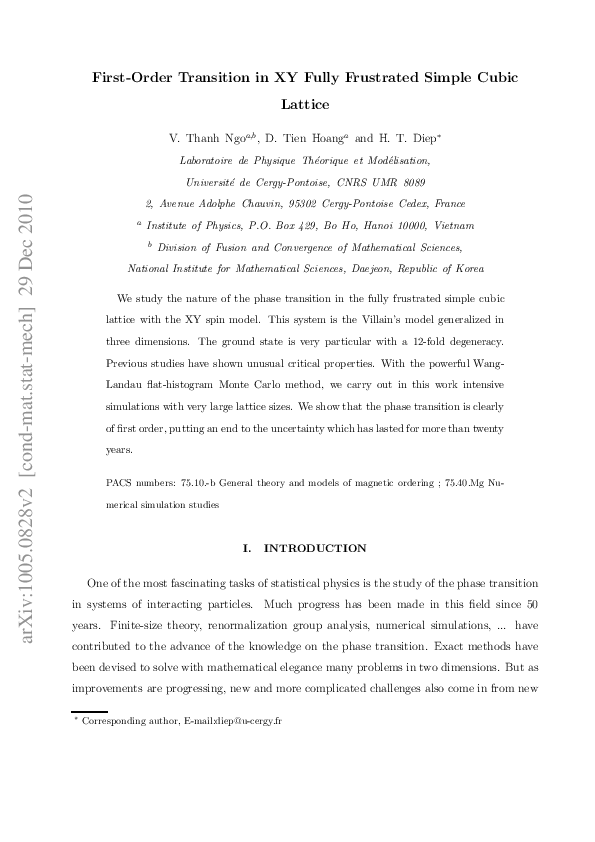 (PDF) First-Order Transition in XY Fully Frustrated Simple Cubic Lattice