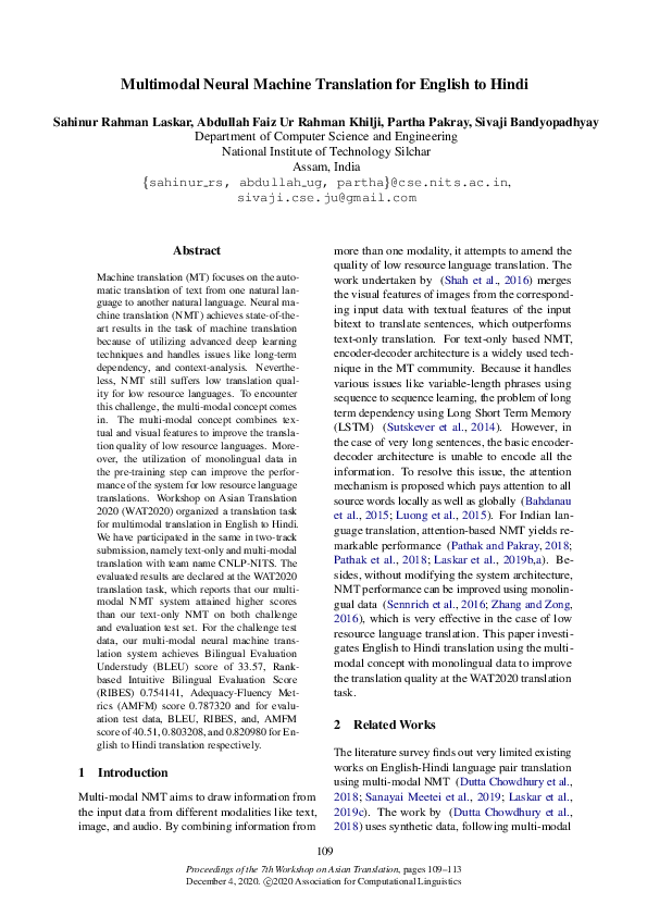 (PDF) Multimodal Neural Machine Translation for English to Hindi
