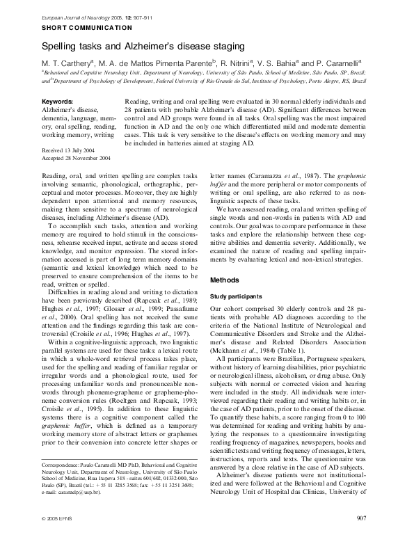 (PDF) Spelling tasks and Alzheimer's disease staging Teresa Carthery Academia.edu