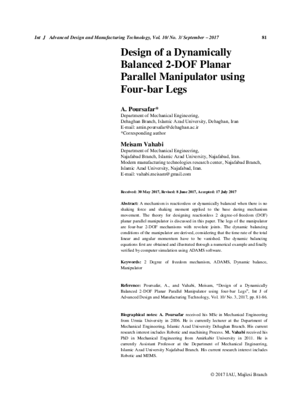 (PDF) Design of a Dynamically Balanced 2-DOF Planar Parallel ...