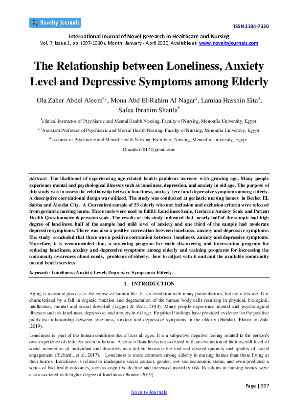 (PDF) The Relationship between Loneliness, Anxiety Level and Depressive ...