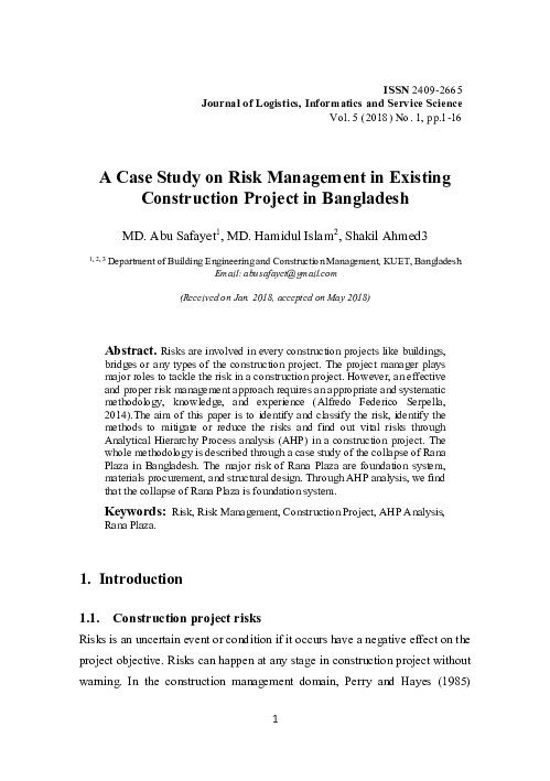 (PDF) A Case Study on Risk Management in Existing Construction Project ...