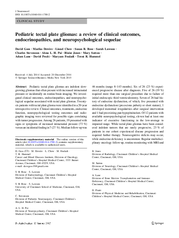 (PDF) Pediatric tectal plate gliomas: a review of clinical outcomes ...