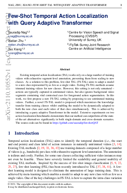 (PDF) Few-Shot Temporal Action Localization with Query Adaptive Transformer