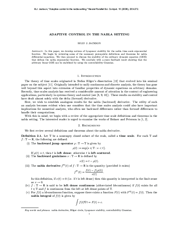 (PDF) Adaptive control in the nabla setting
