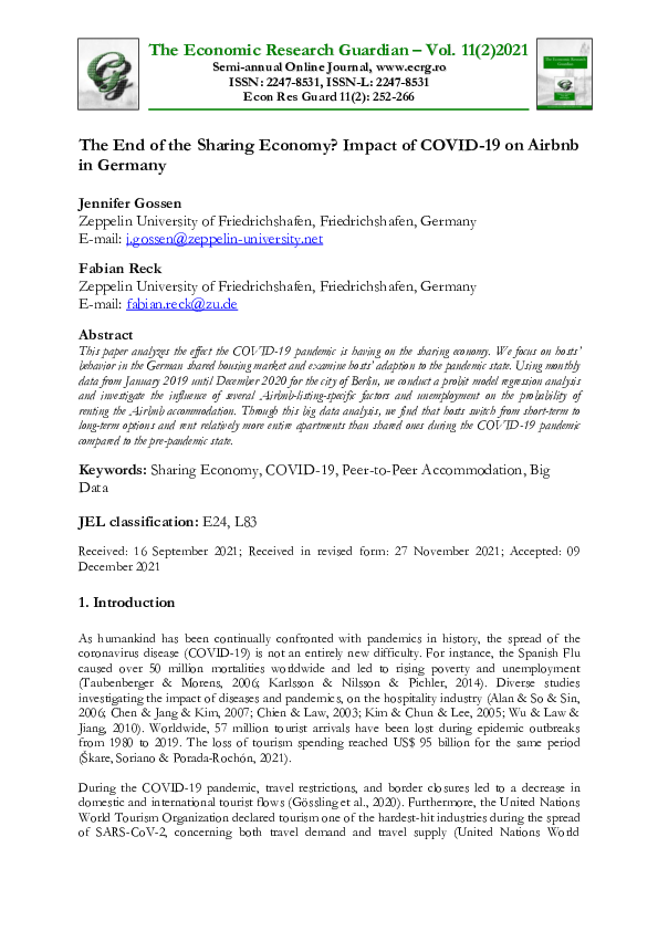 (PDF) The End of the Sharing Economy? Impact of COVID-19 on Airbnb in ...