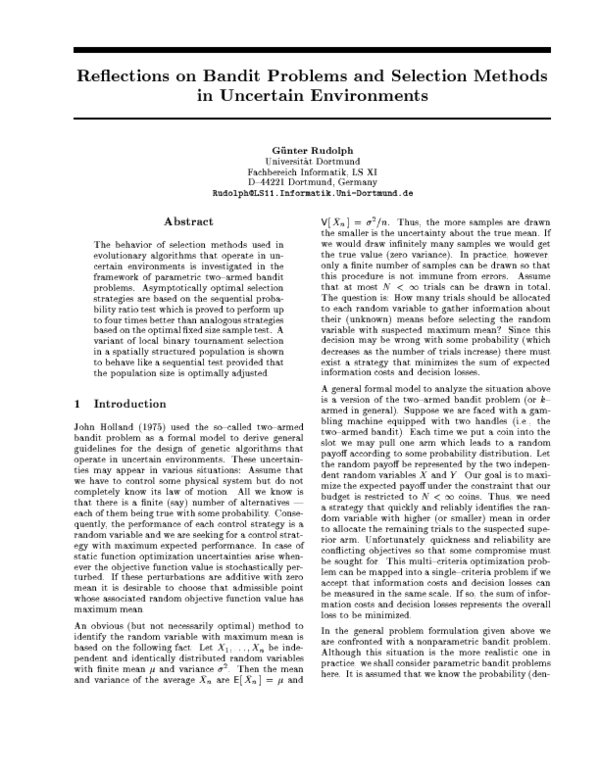 (PDF) Re ections on Bandit Problems and Selection Methods in Uncertain ...