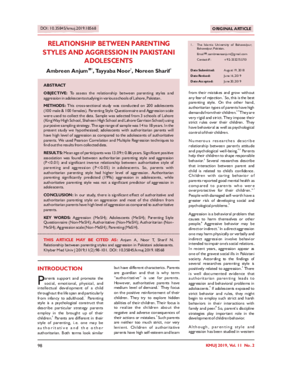 (PDF) Relationship Between Parenting Styles and Aggression in Pakistani ...