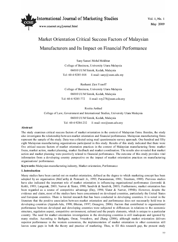 (PDF) Market Orientation Critical Success Factors of Malaysian ...