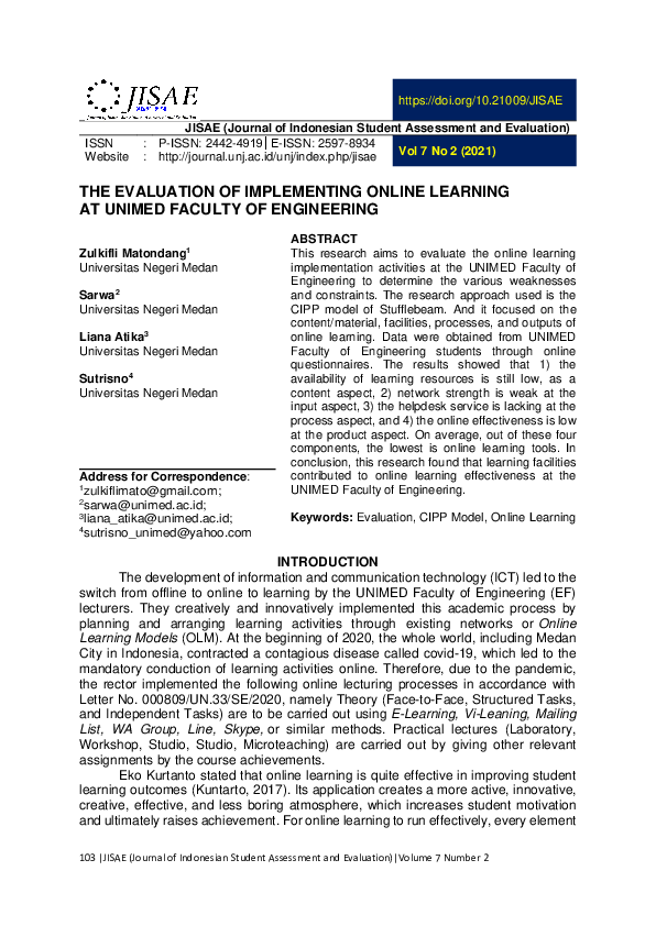 (PDF) The Evaluation of Implementing Online Learning at Unimed Faculty ...