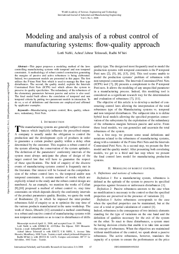 (PDF) Modelling and Analysis of a Robust Control of Manufacturing ...