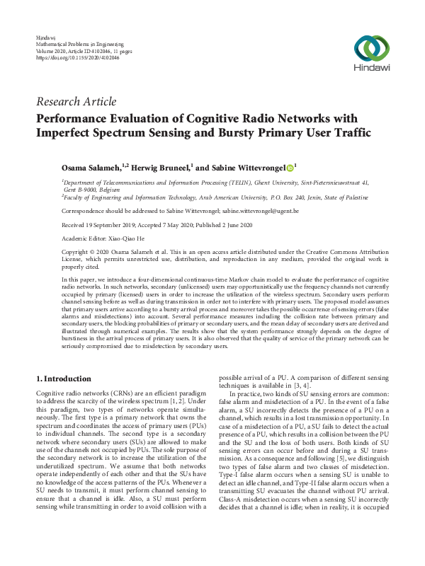 (PDF) Performance Evaluation of Cognitive Radio Networks with Imperfect ...
