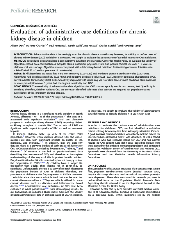 (PDF) Evaluation of administrative case definitions for chronic kidney ...