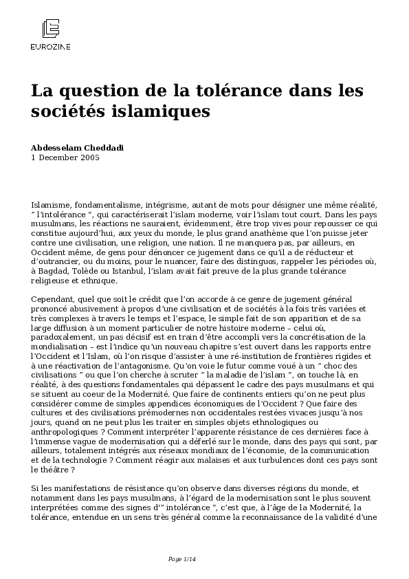 (PDF) La question de la tolérance dans les sociétés islamiques