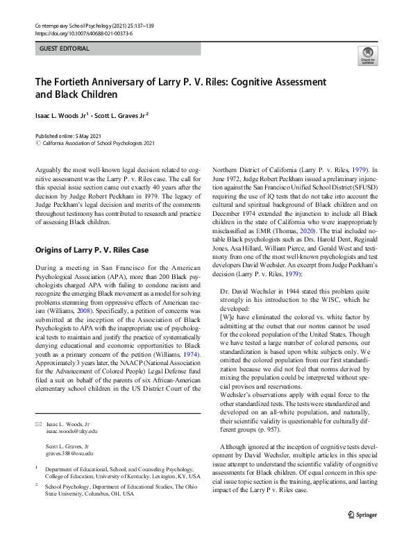 (PDF) The Fortieth Anniversary of Larry P. V. Riles: Cognitive ...